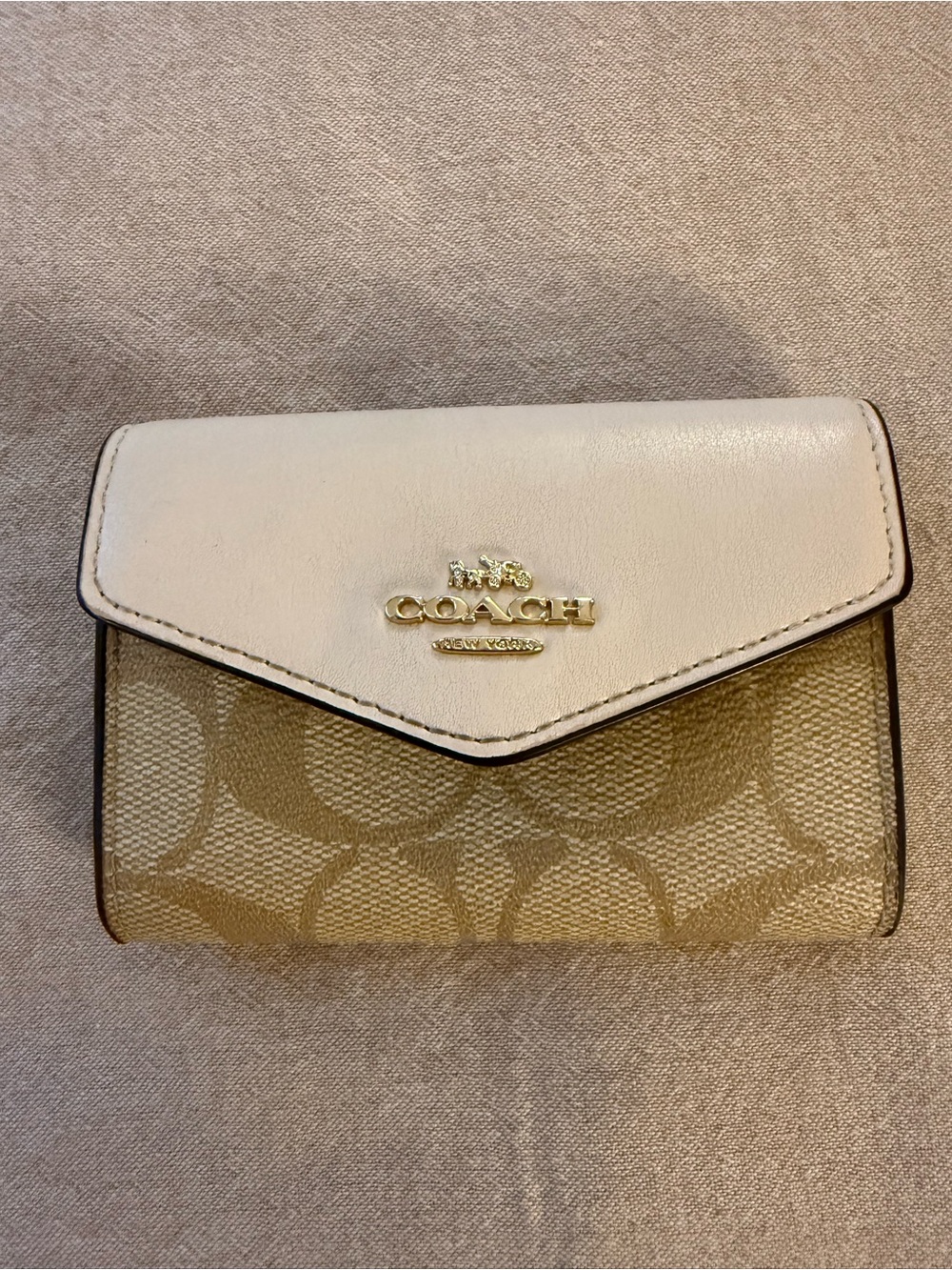 Coach Beige Signature Mini Wallet with Ivory Flap and Gold Logo